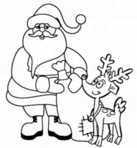 desenho de papai noel para colorir com saco de presentes e rena